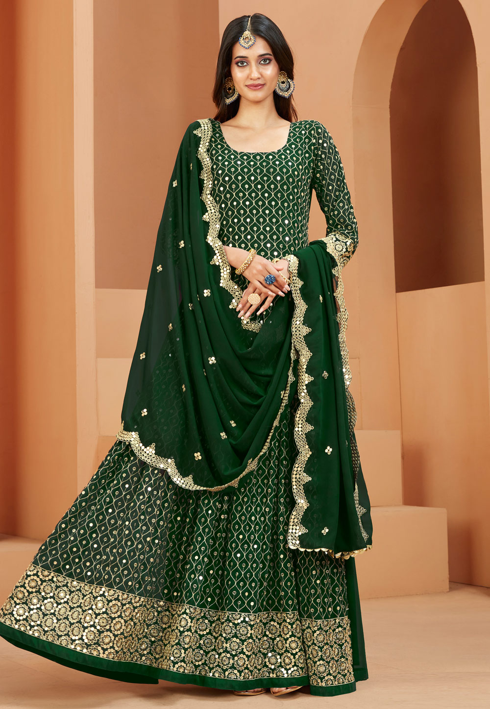 Green Faux Georgette Embroidered Long Anarkali Suit 261569