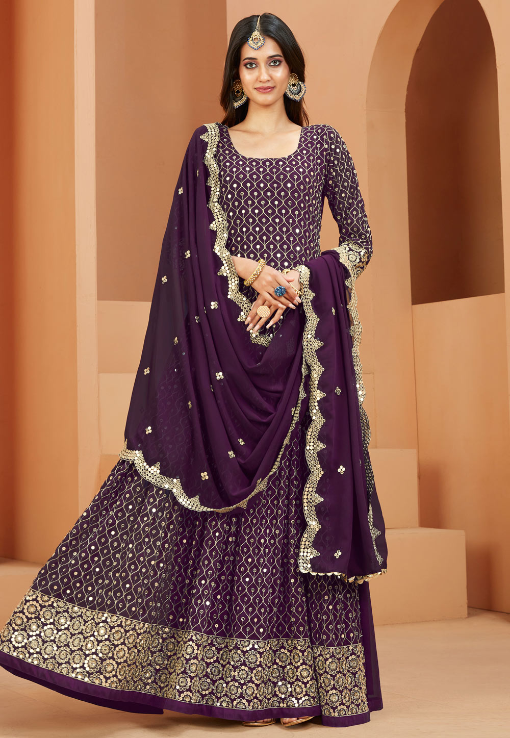 Purple Faux Georgette Embroidered Abaya Style Anarkali Suit 261570