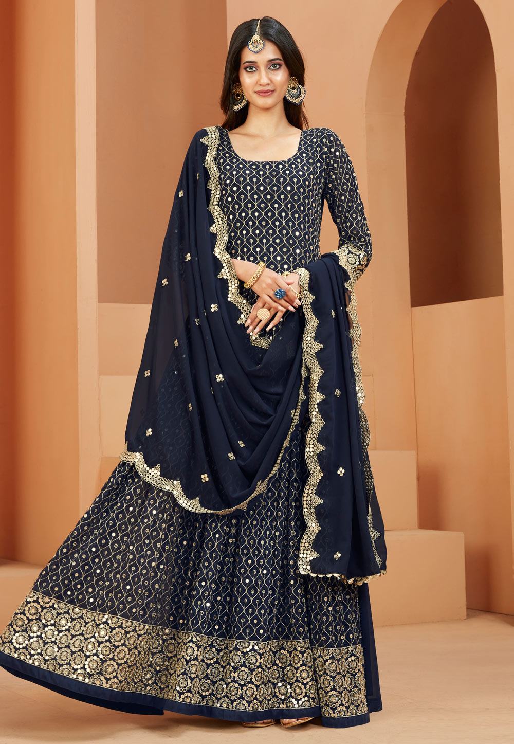 Navy Blue Faux Georgette Embroidered Long Anarkali Suit 261571