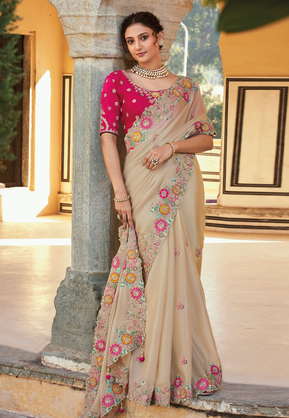 Cream Silk Saree With Blouse 259396