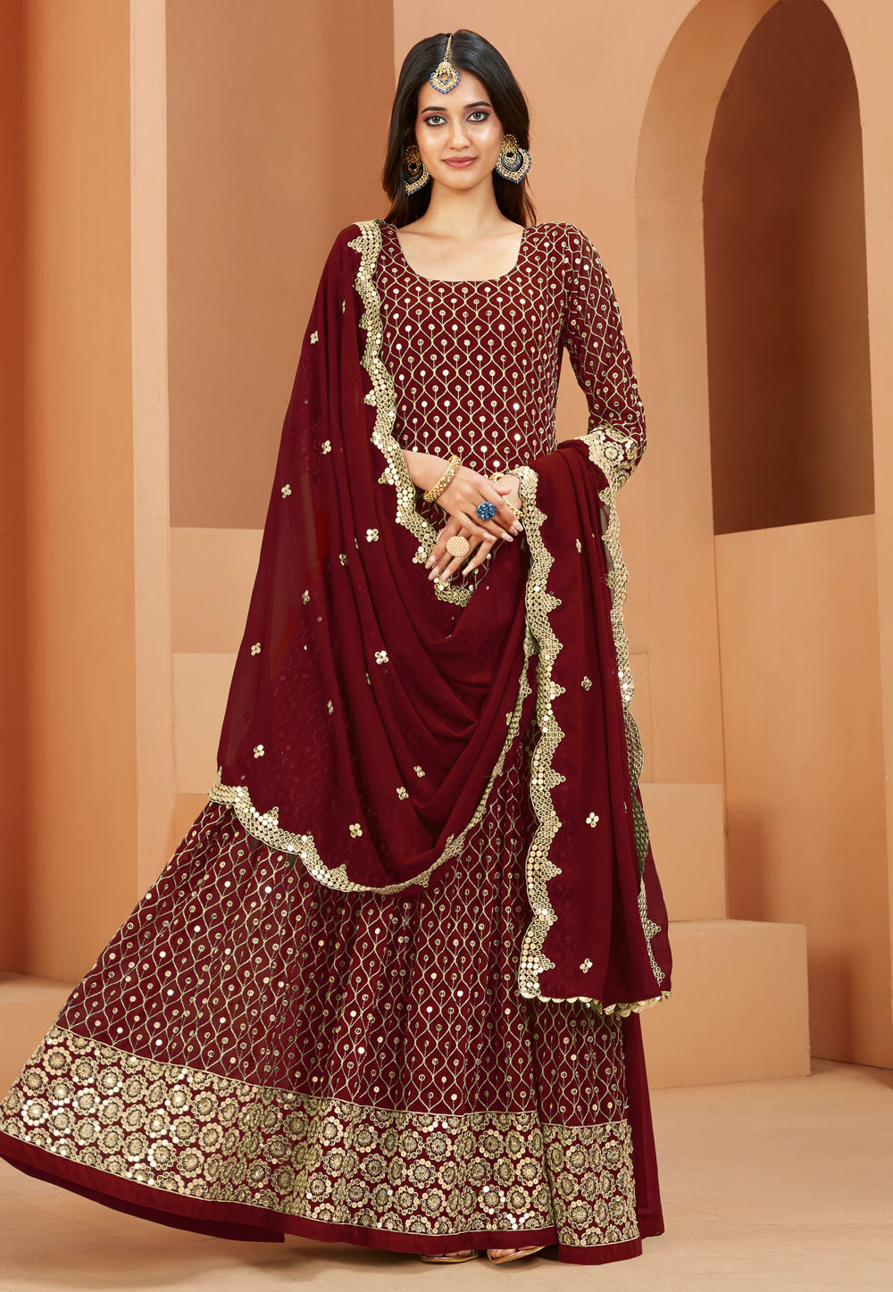 Maroon Faux Georgette Embroidered Abaya Style Anarkali Suit 261572