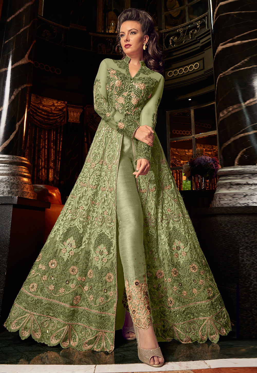 Green Net Embroidered Pant Style Suit 165237