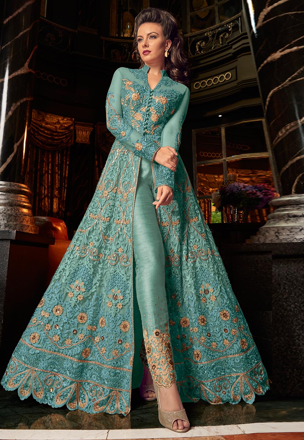 Aqua Net Embroidered Pant Style Suit 165239