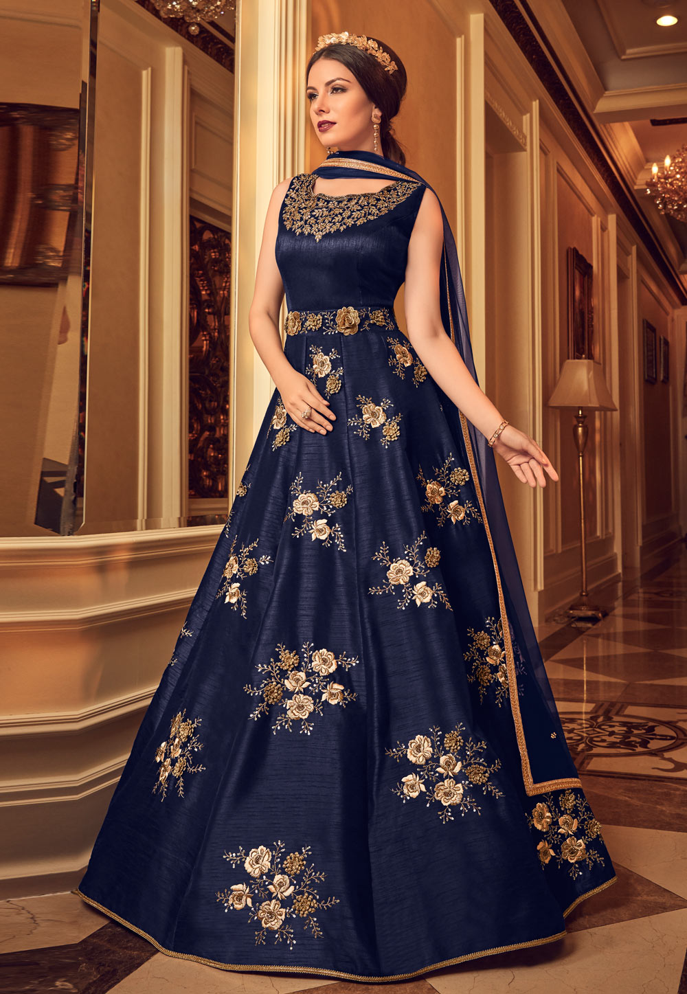 Navy Blue Banglori Silk Abaya Style Anarkali Suit 153795