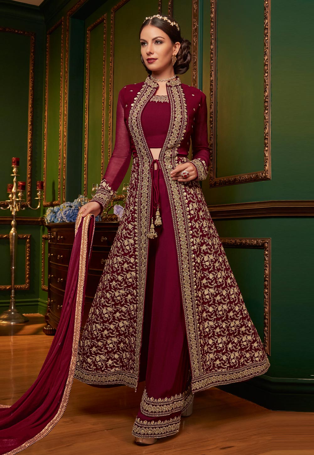 Maroon Georgette Palazzo Style Suit 153796