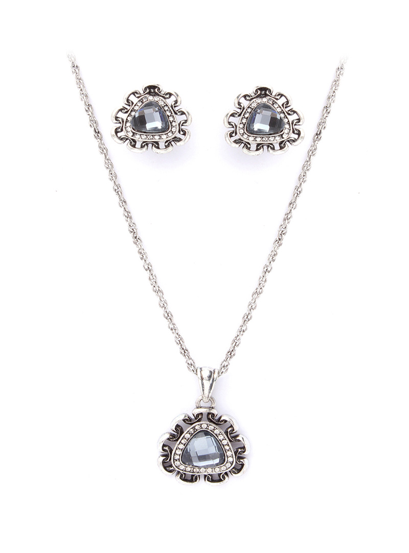 Oxidize Silver Austrian Diamond Pendant With Earrings 103658