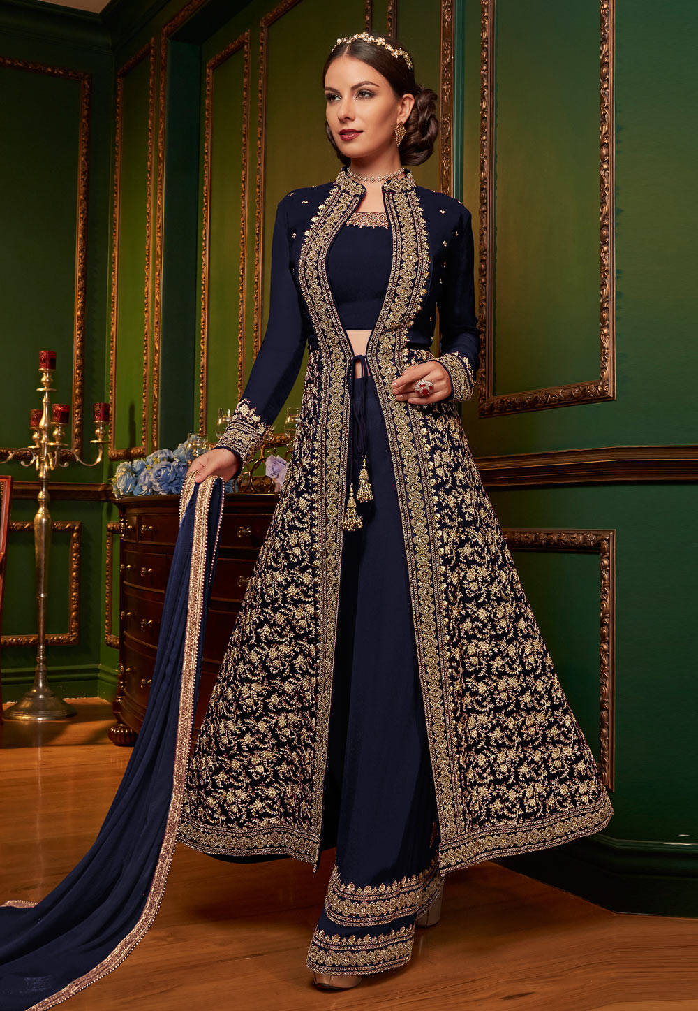 Navy Blue Georgette Embroidered Palazzo Style Suit 165240