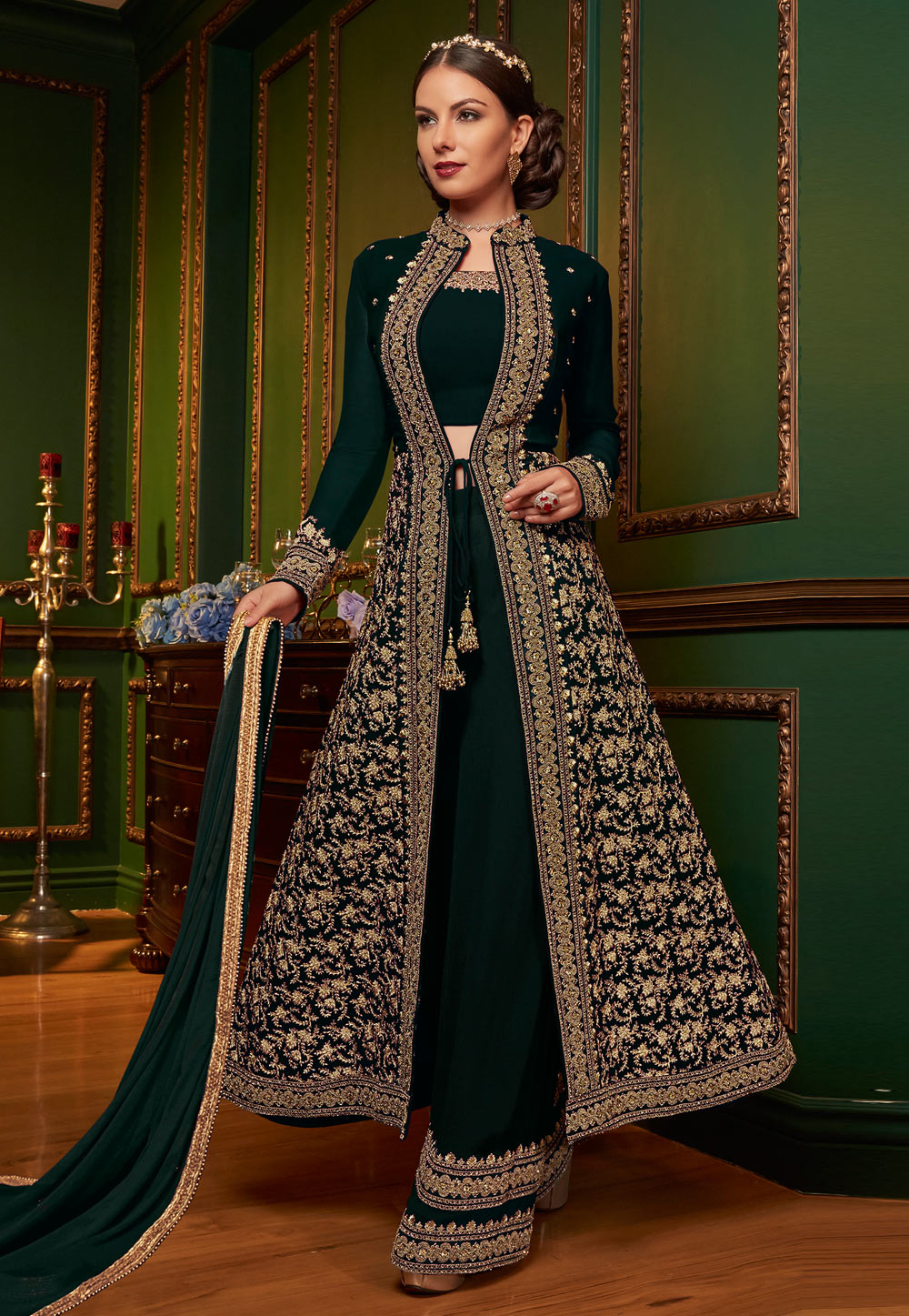 Green Georgette Embroidered Kameez With Palazzo 165241