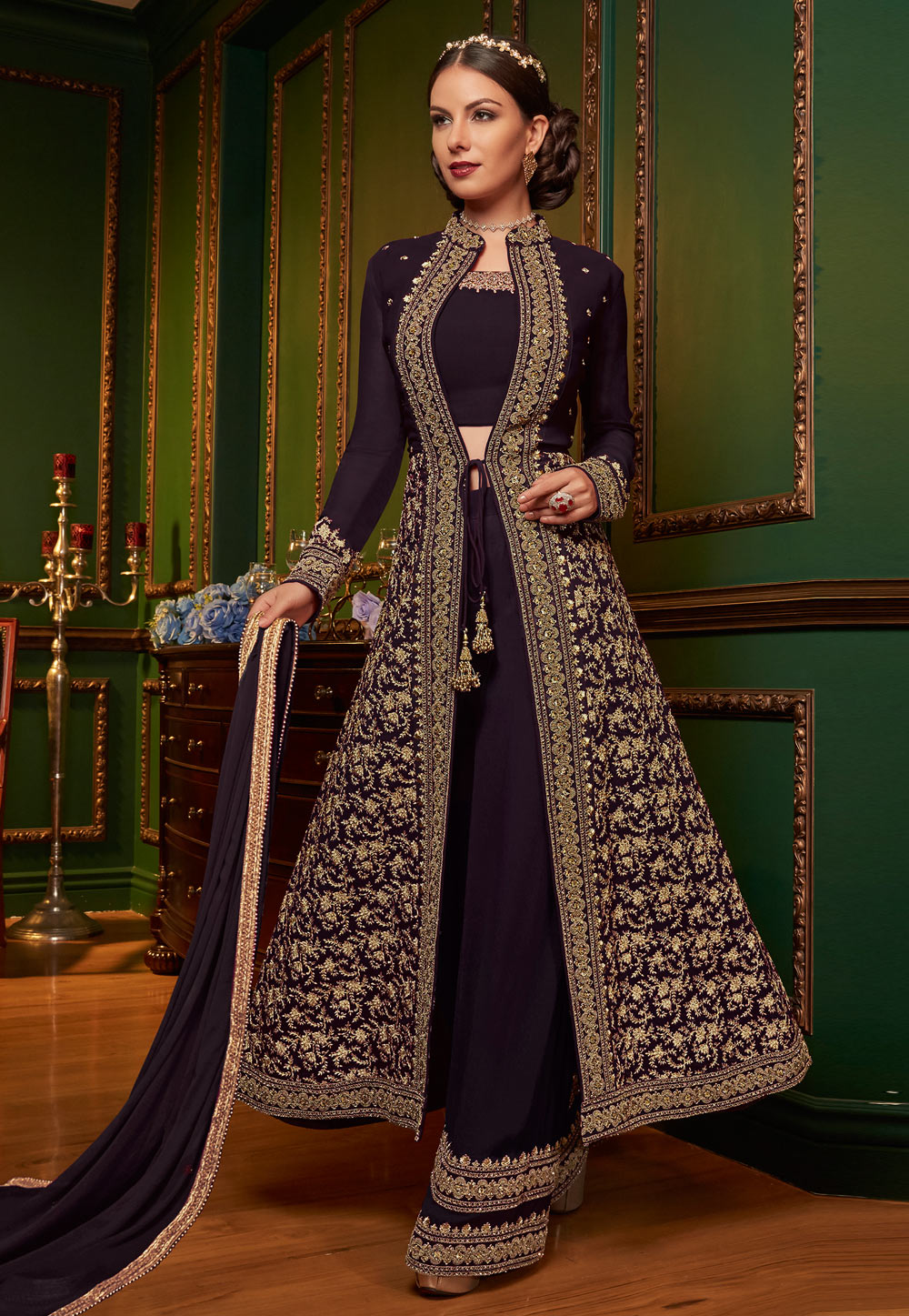 Dark Purple Georgette Embroidered Palazzo Style Suit 165242