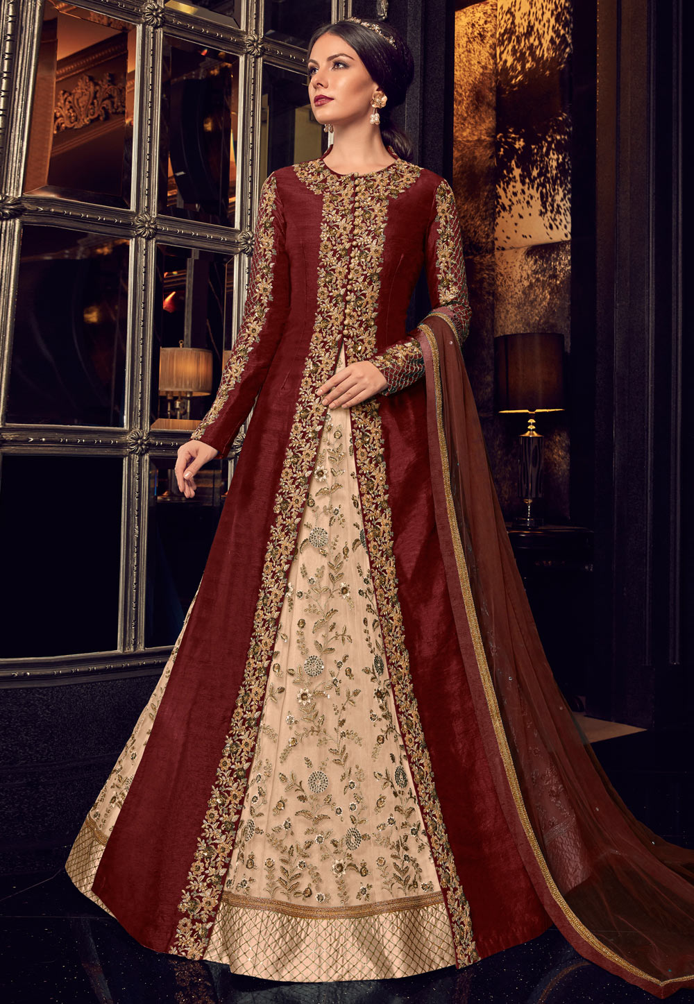 Brown Tussar Silk Embroidered Floor Length Anarkali Suit 175360