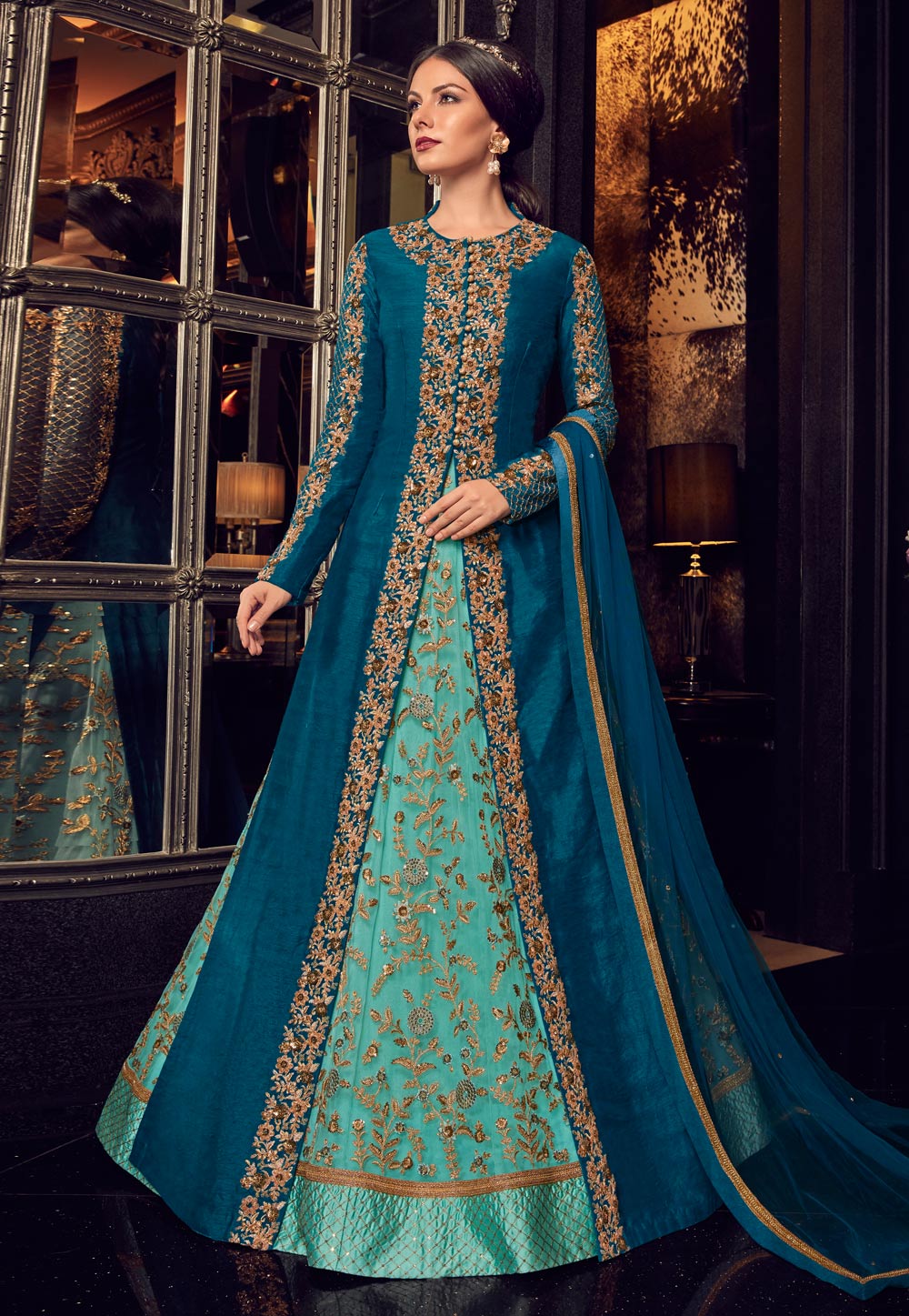 Aqua Blue Tussar Silk Deisnger Long Anarkali Suit 153797