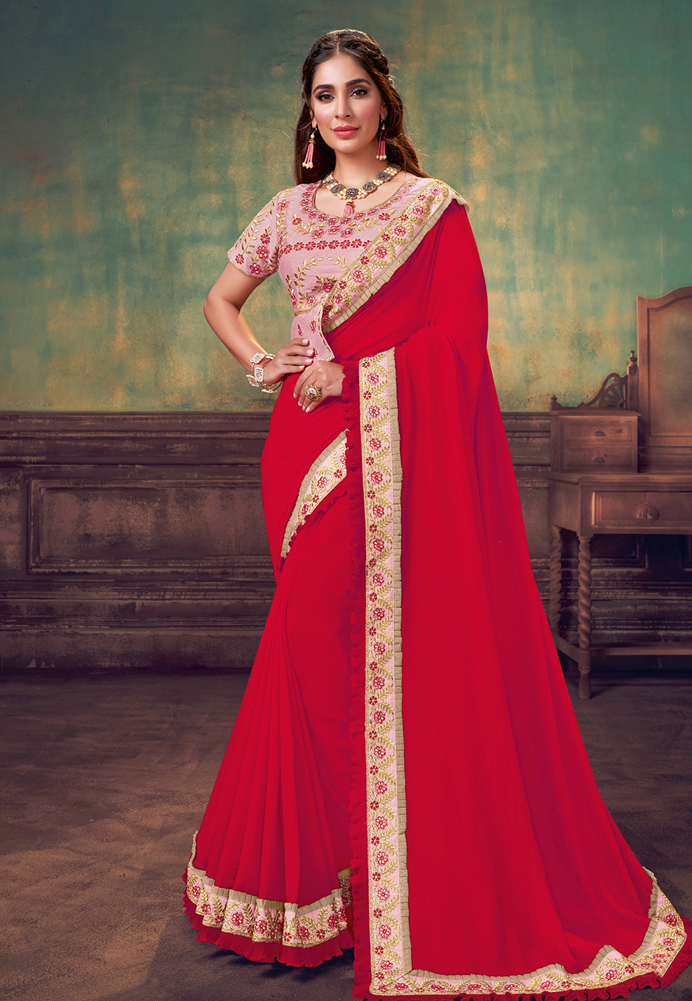 Red Silk Saree with Designer Blouse 211118