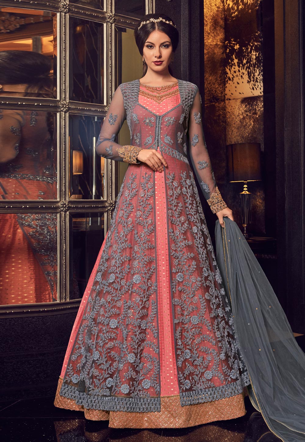 Pink Net Jacket Style Anarkali Suit 153799
