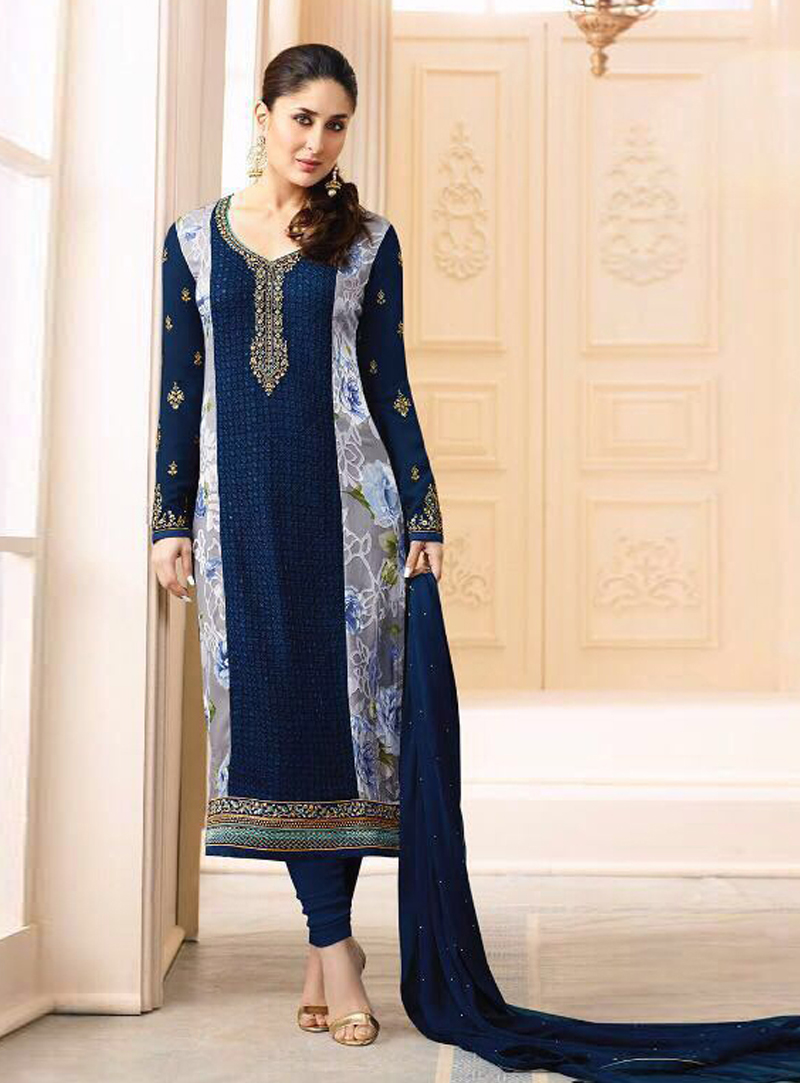 Kareena Kapoor Navy Blue Georgette Churidar Salwar Suit 104317