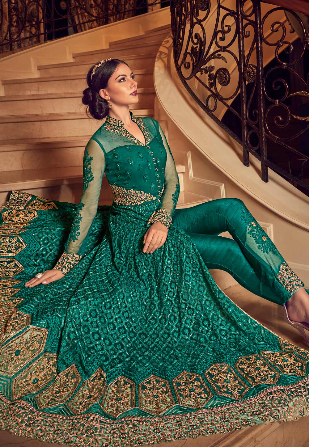 Sea Green Net Pant Style Suit 153803