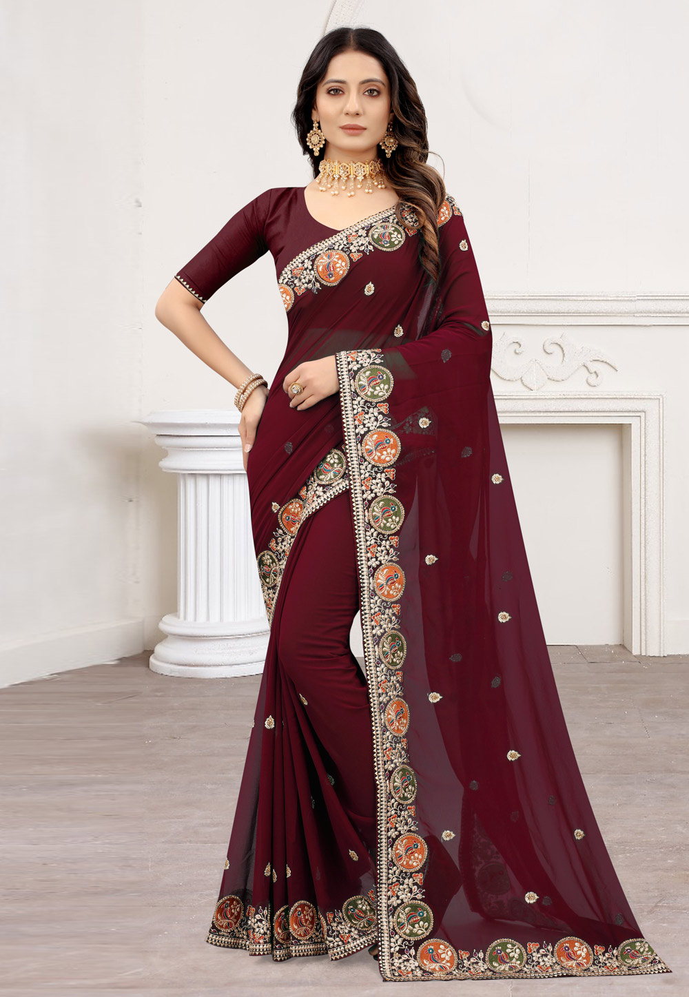 Wine Georgette Saree With Blouse 243778