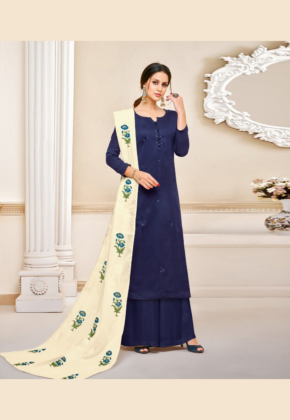 Navy Blue Cotton Kameez With Palazzo 165774