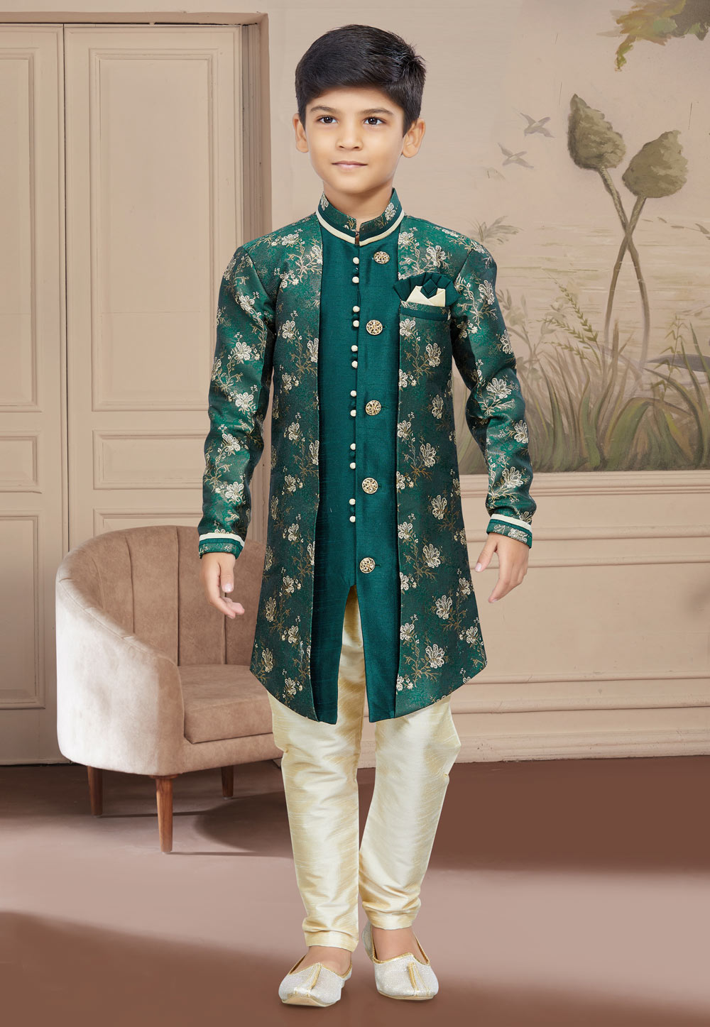Green Banarasi Jacquard Kids Indo Western Suit 267572