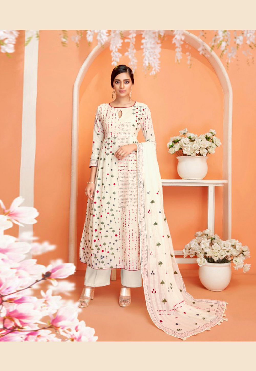 Off White Cambric Cotton Kameez With Palazzo 165762