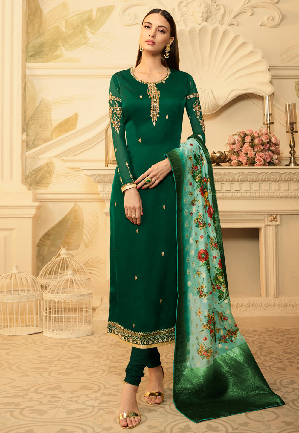 Green Satin Churidar Suit 165975