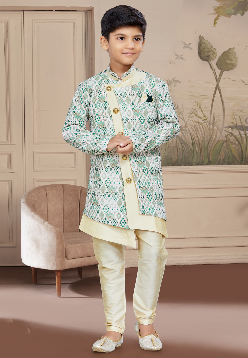 Off White Jacquard Kids Indo Western Suit 267574