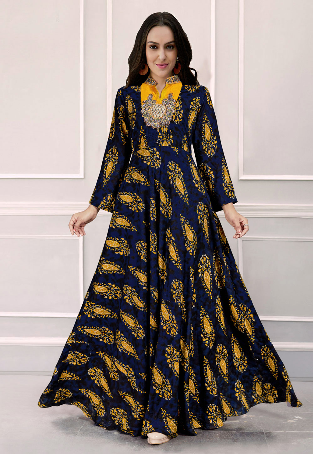 Navy Blue Rayon Flared Gown 165815