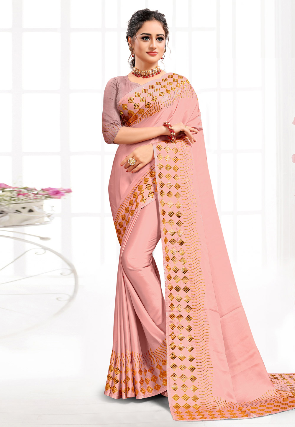 Pink Satin Saree With Blouse 244059