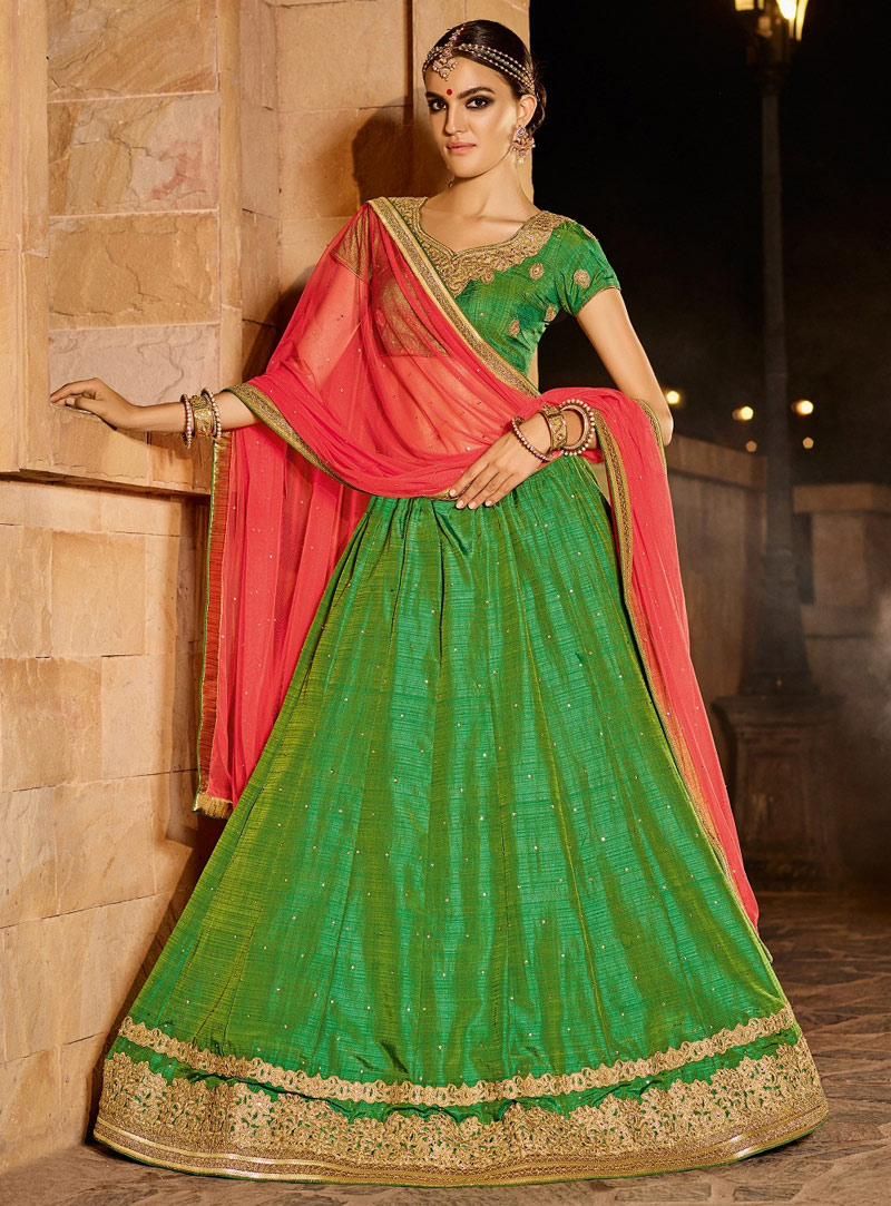Green Banarasi Silk Circular Lehenga Choli 93731