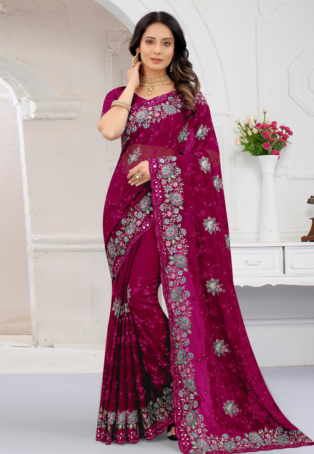 Magenta Georgette Embroidered Saree With Blouse 244312