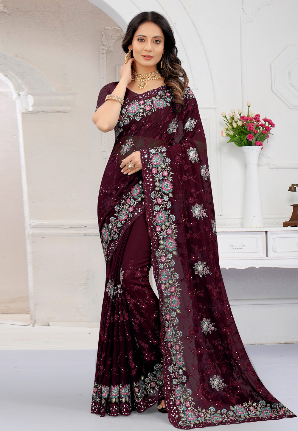 Wine Georgette Embroidered Saree With Blouse 244314