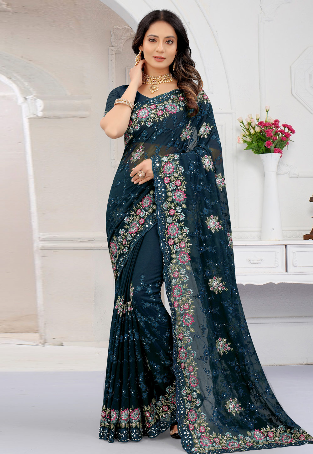 Teal Georgette Saree With Blouse 244315