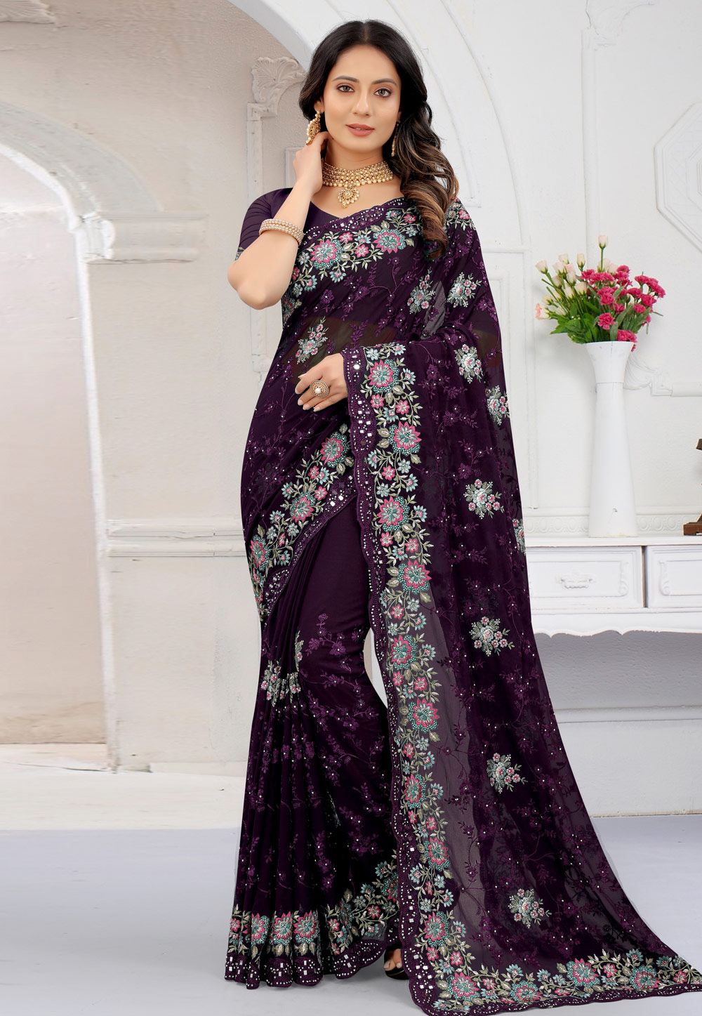 Purple Georgette Embroidered Saree With Blouse 244316