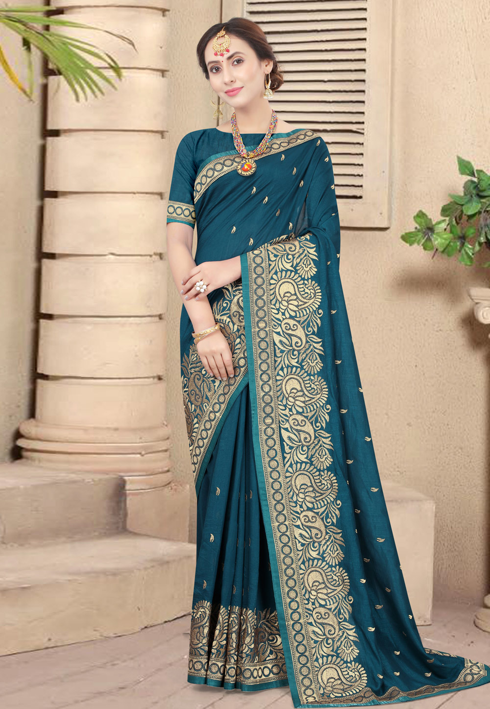 Teal Silk Embroidered Saree With Blouse 244317