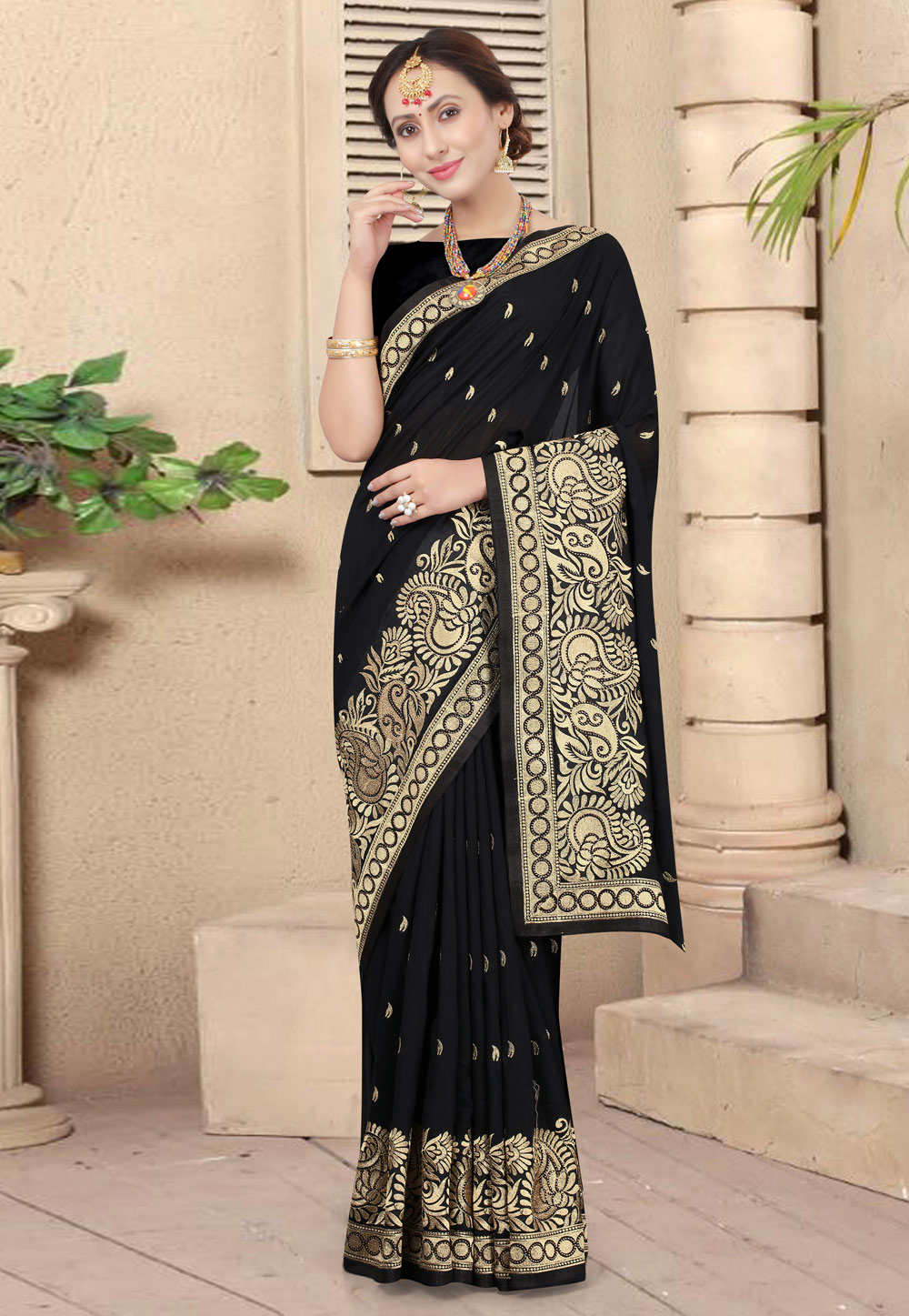 Black Silk Embroidered Saree With Blouse 244319