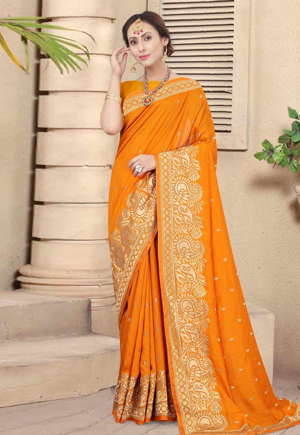 Orange Silk Embroidered Saree With Blouse 244321