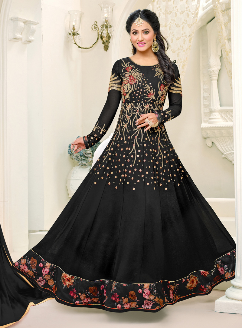 Hina Khan Black Georgette Floor Length Anarkali Suit 106268