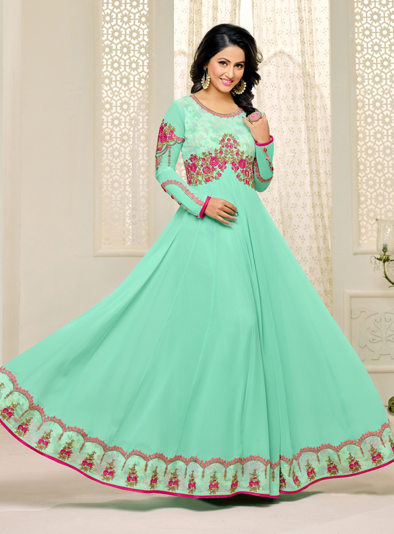 Hina Khan Turquoise Georgette Floor Length Anarkali Suit 106270