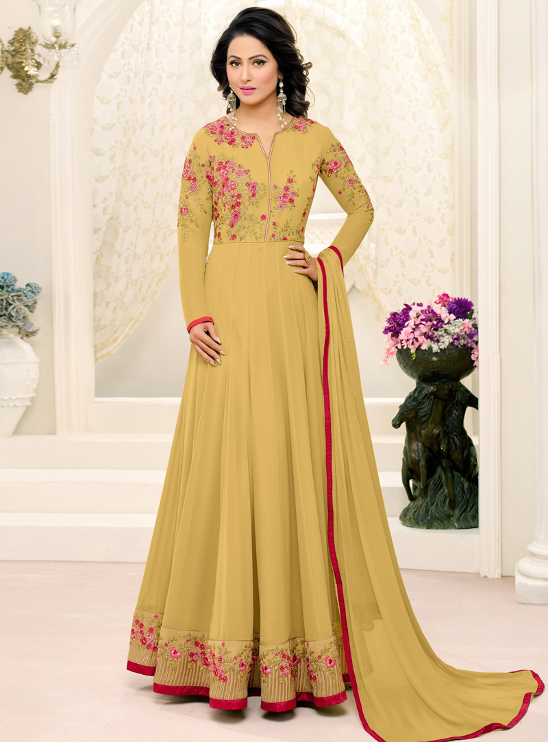 Hina Khan Light Mustard Georgette Long Anarkali Suit 106271