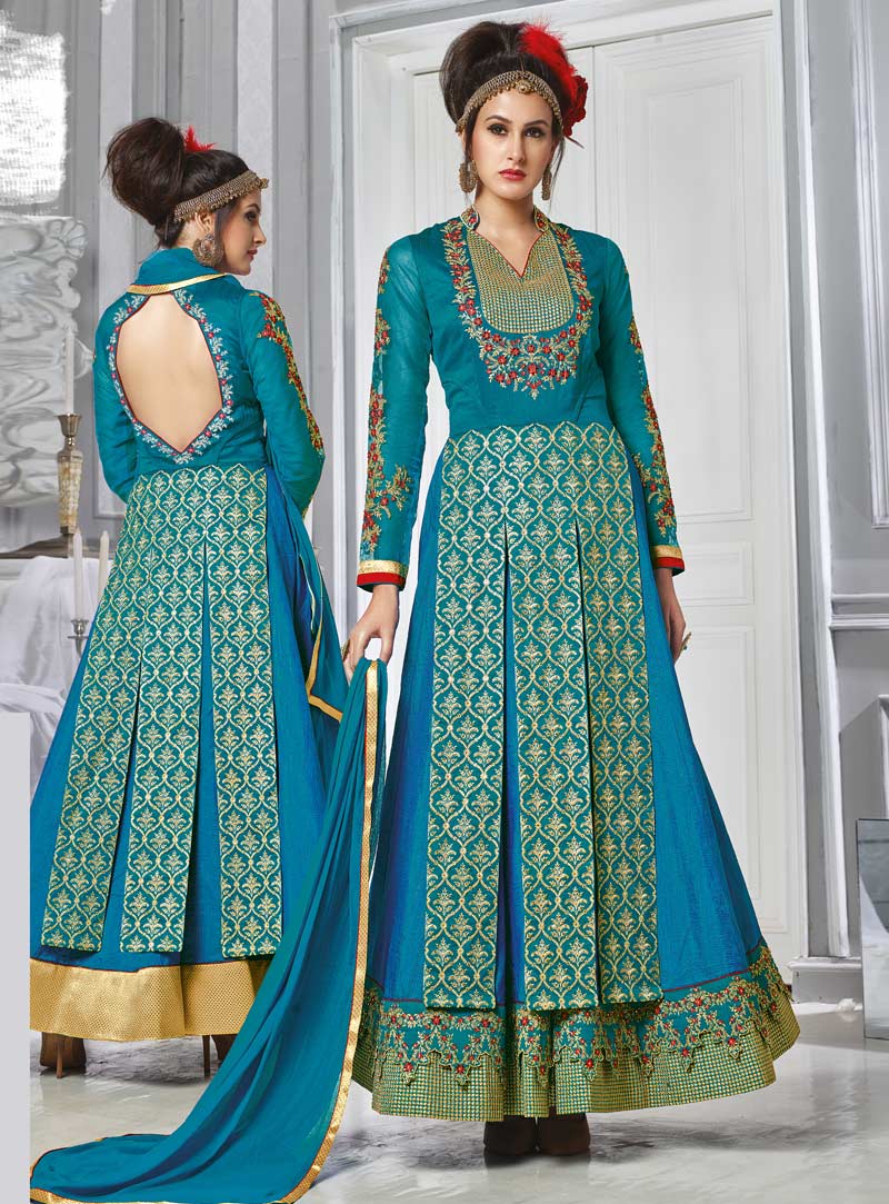 Teal Banarasi Silk Layered Anarkali Suit 87213
