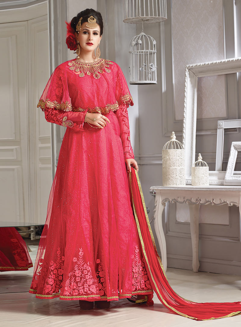 Pink Silk Ankle Length Anarkali Suit With Cape 87214