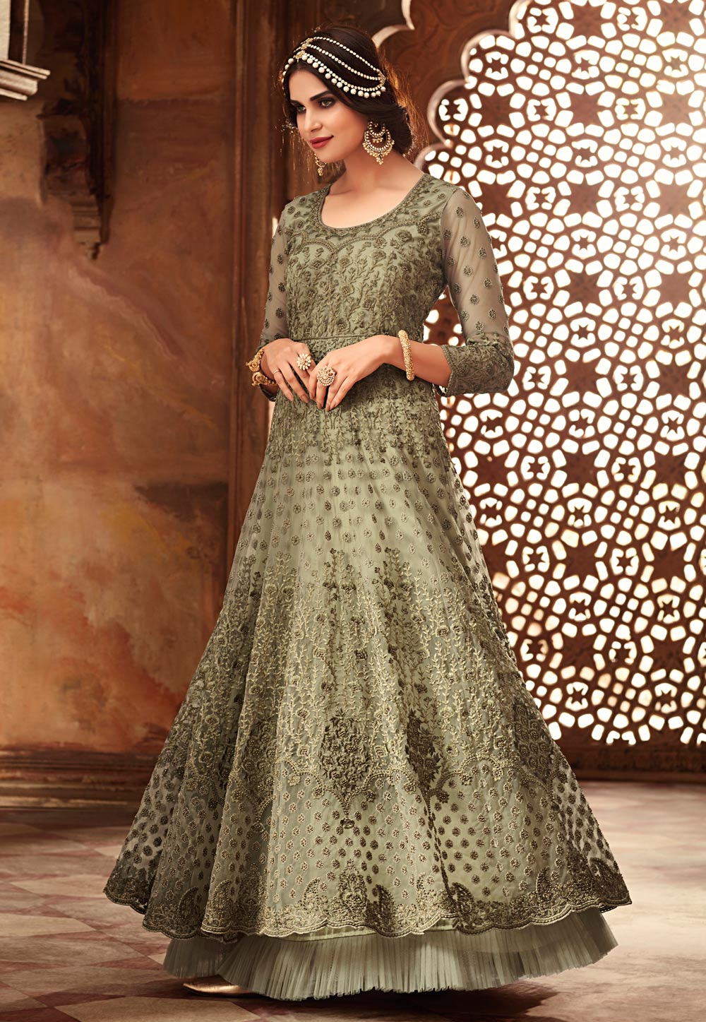 Shaded Green Net Layered Anarkali Suit 157603