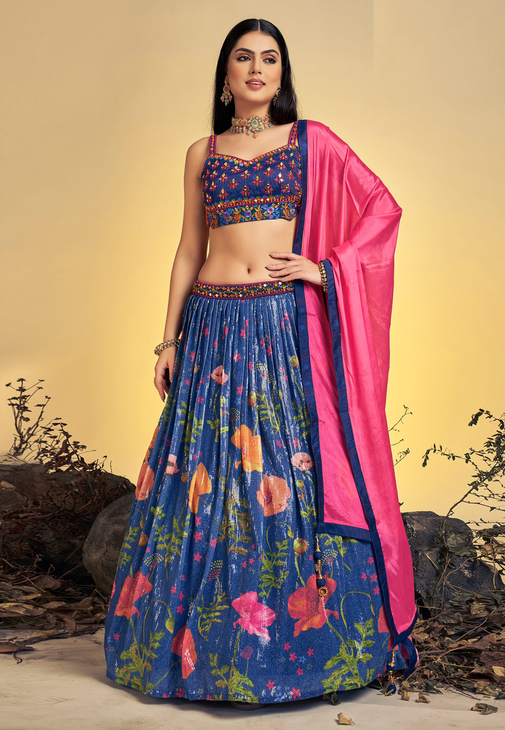 Blue Chinon Silk Readymade Floral Lehenga Choli 263352