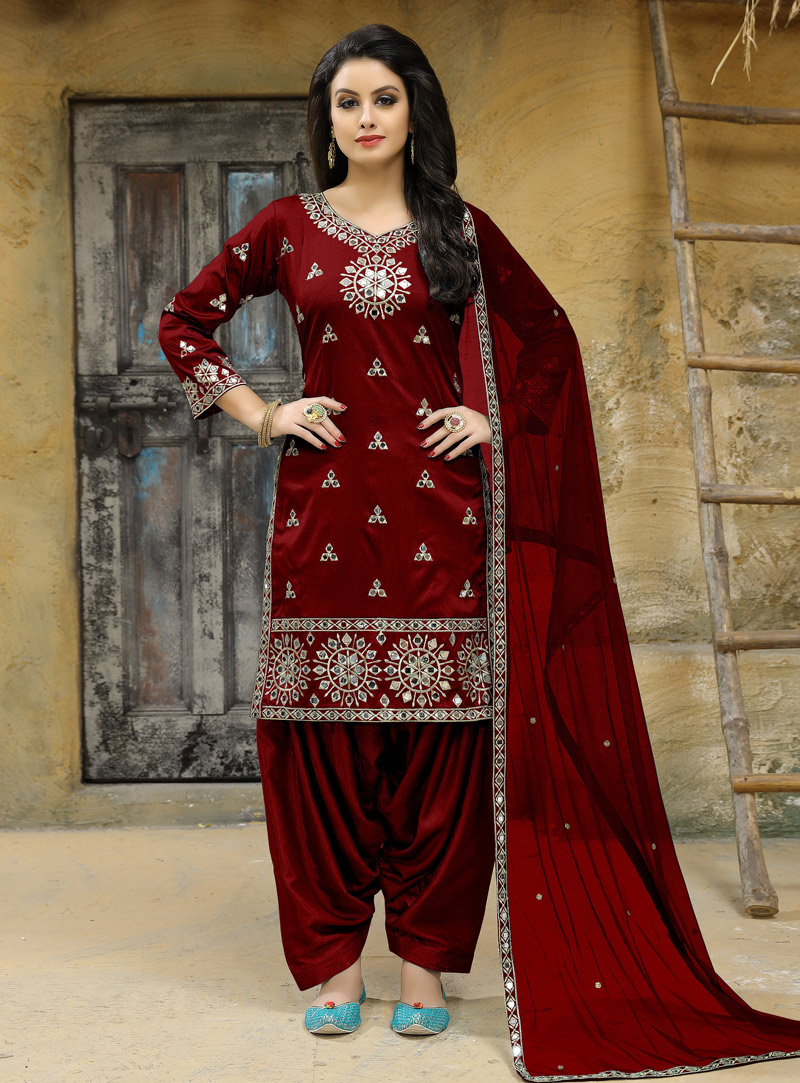 Maroon Taffeta Silk Punjabi Suit 138613