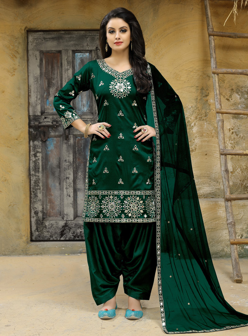 Green Taffeta Silk Patiala Suit 138614