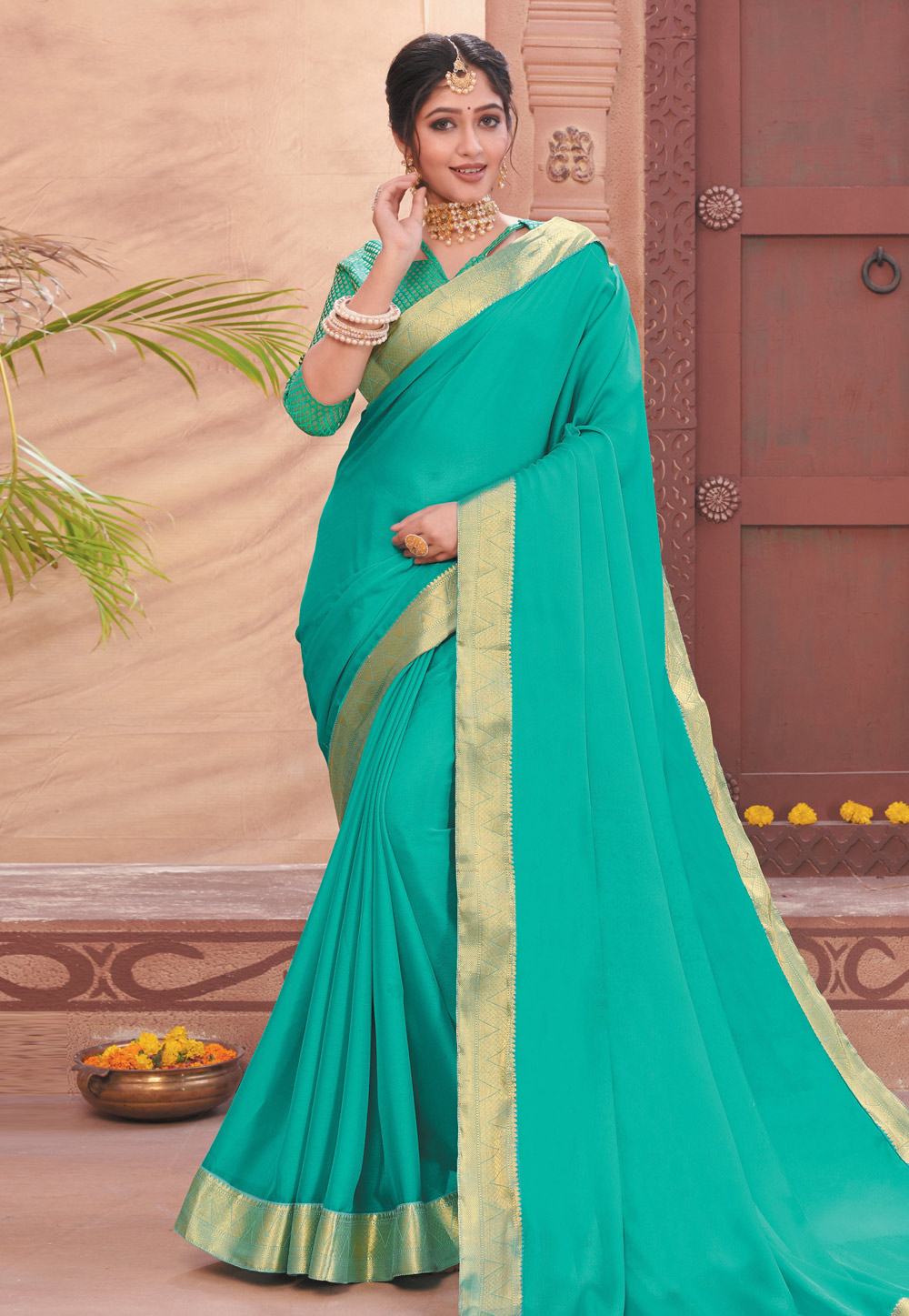 Turquoise Chiffon Saree With Blouse 208986