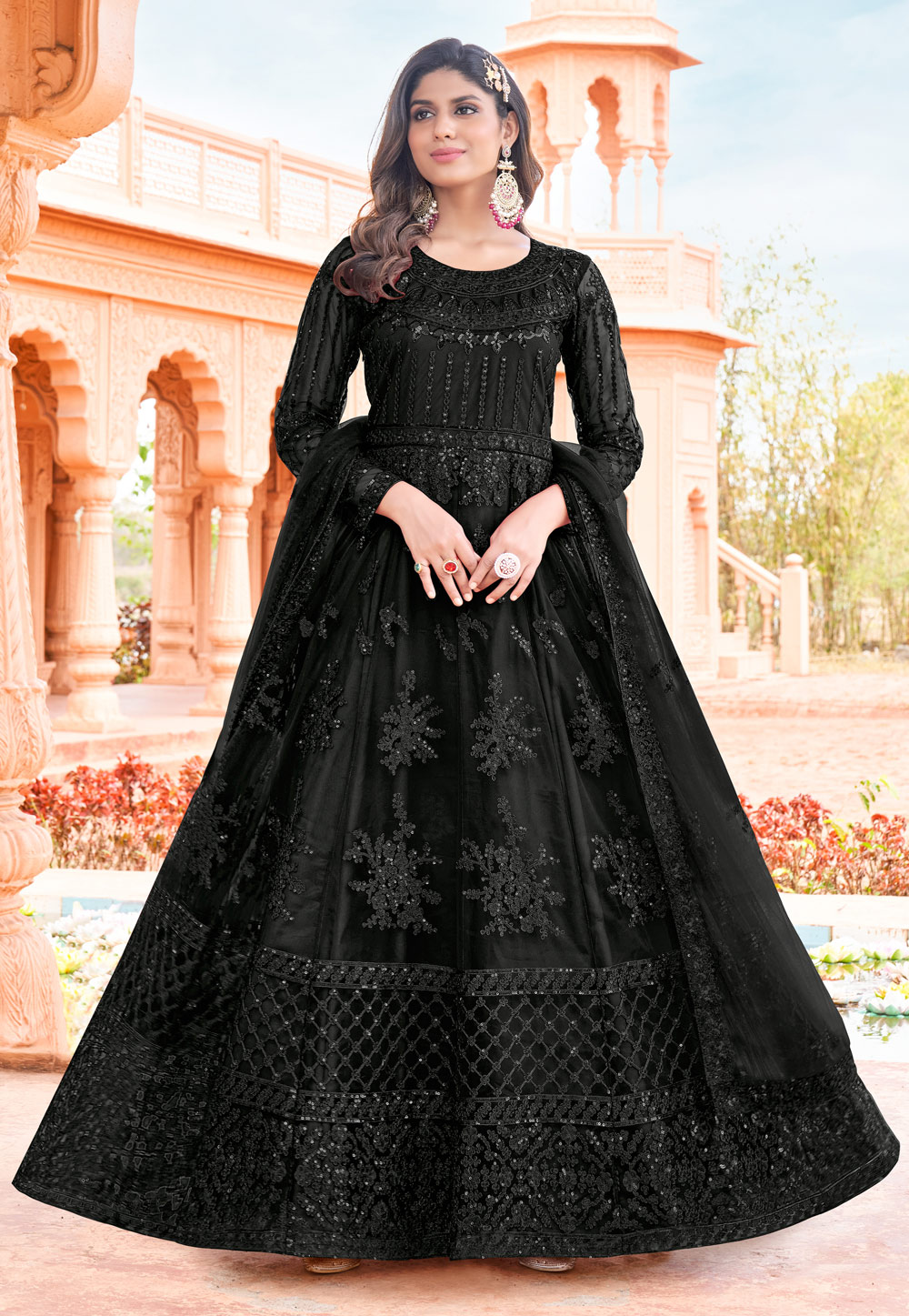 Black Net Embroidered Long Anarkali Suit 261808