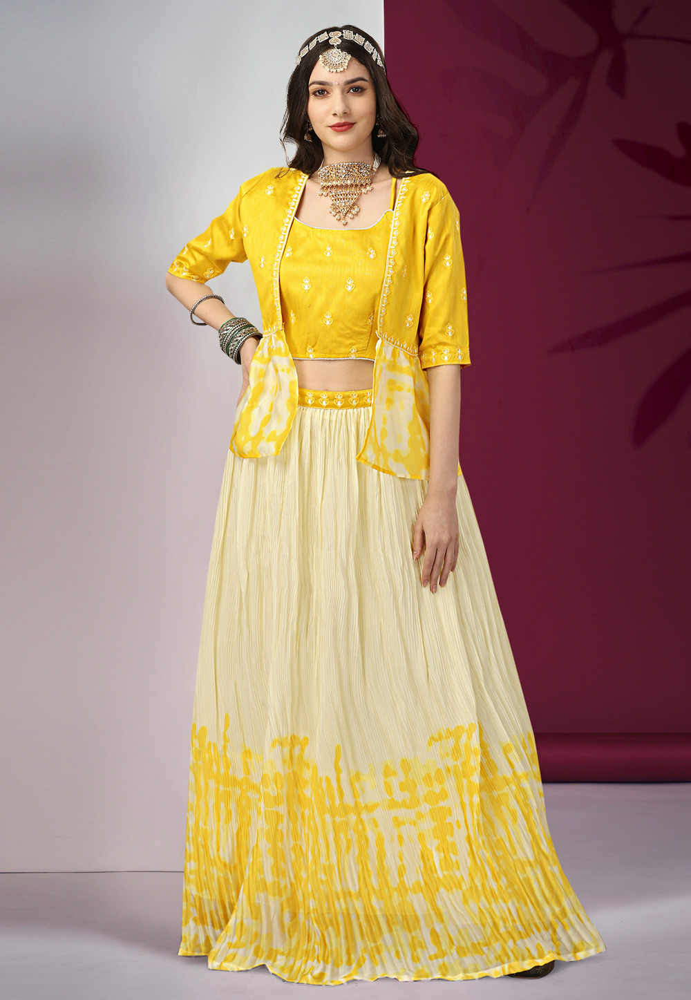 Yellow Satin Georgette Jacket Style Lehenga Choli 265851