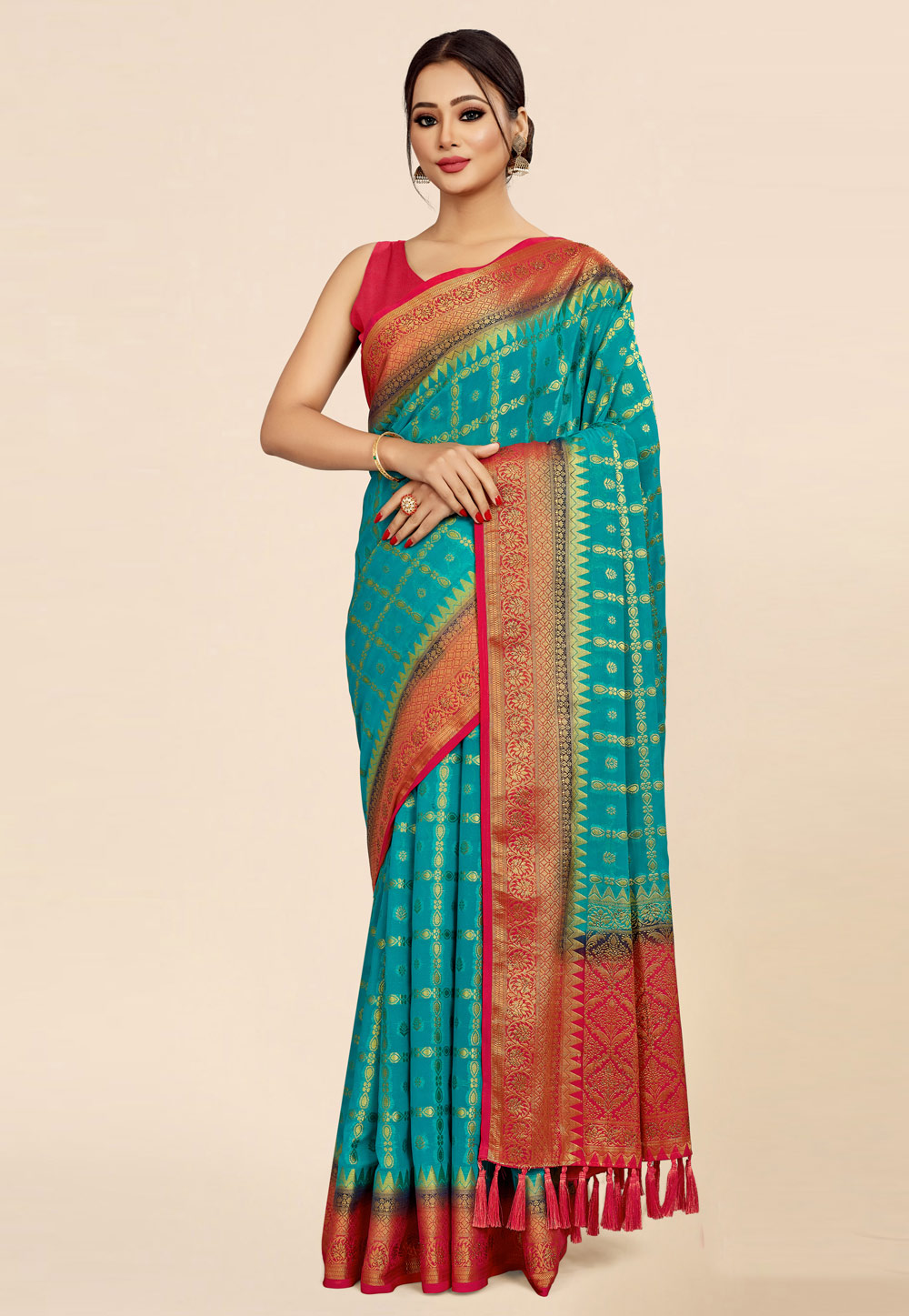 Turquoise Viscose Georgette Saree With Blouse 269403