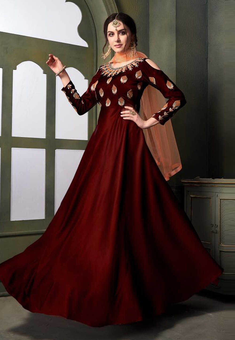 Maroon Taffeta Abaya Style Anarkali Suit  158667