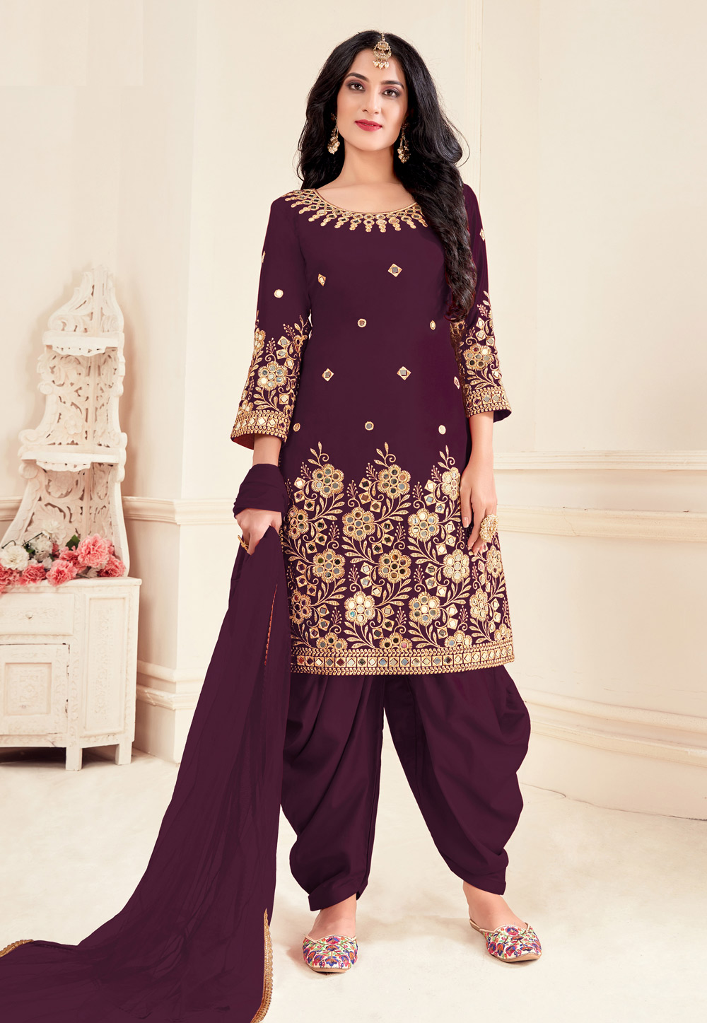 Purple Silk Mirror Work Patiala Suit 230919